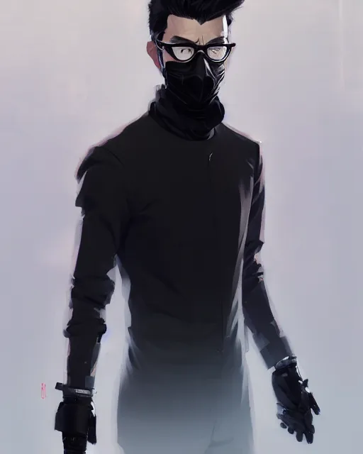 Prompt: a ultradetailed beautiful panting of a stylish man wearing black medical mask, by ilya kuvshinov, greg rutkowski and makoto shinkai, trending on artstation