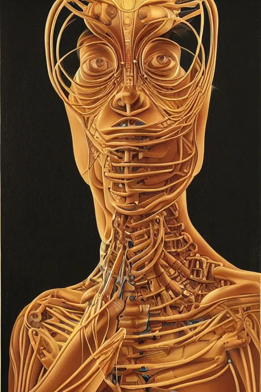 Image similar to beautiful portrait of biomechanical being by andrey remnev, detailed, realistic skin color