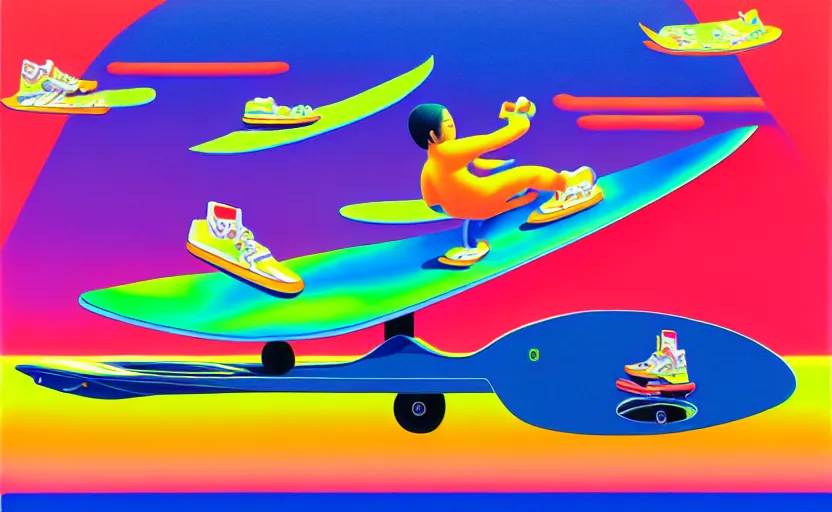Image similar to flying skate boards by shusei nagaoka, kaws, david rudnick, airbrush on canvas, pastell colours, cell shaded!!!, 8 k