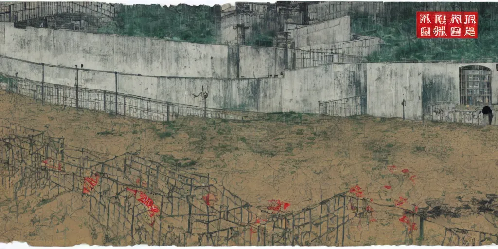 Image similar to a chinese prison near a river by peter doig, overlaid with chinese adverts