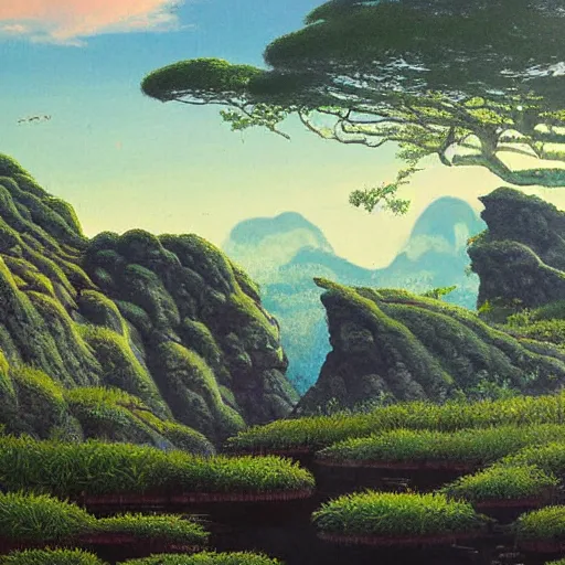 Image similar to detailed painting of a lush natural scene on an alien planet by tojiro oshita. beautiful landscape. weird vegetation. cliffs and water.