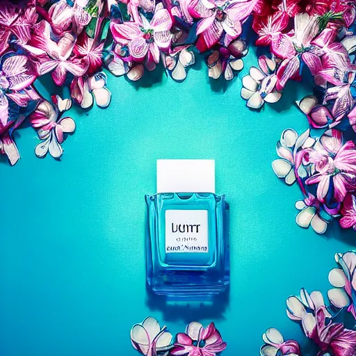 Prompt: centered bright perfume bottle standing in clear blue rippling water surrounded by a plethora of white flowers and tropical leaves and fauna upfront, with dreamy bright blue sky and clouds in the background, illumination lighting, sharp focus, surreal photography, vogue, hartper's bazaar, sephora,