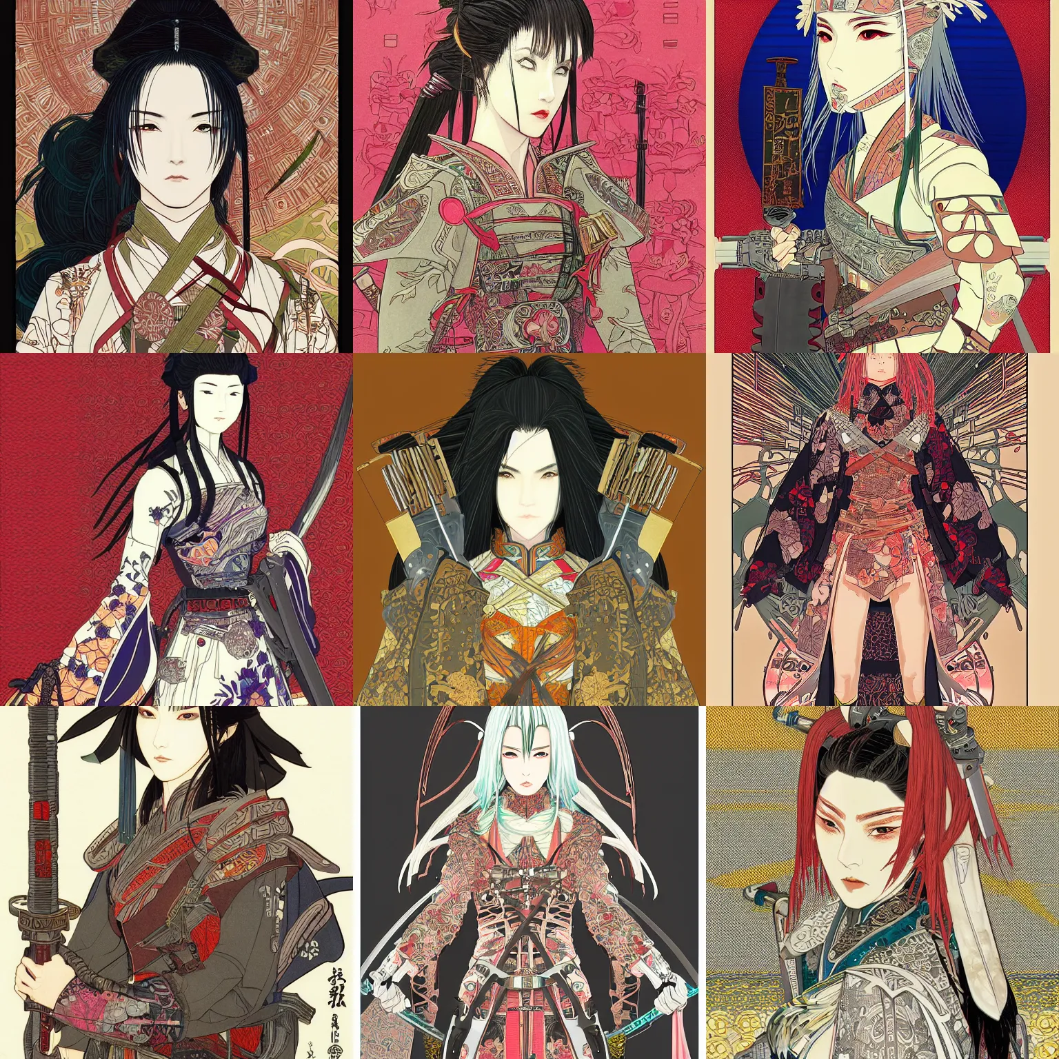 Prompt: cyberpunk kimono female warrior, long swords, beautiful, detailed symmetrical close up portrait, intricate complexity, in the style of kyoto animation key visuals and takato yamamoto and alphonse mucha, cel shaded