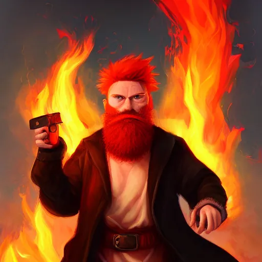 Image similar to grumpy young red haired man with red beard, wearing black coat, fire behind him, fire, fire mage, shooting fire, oil painting, fantasy artwork, fantastic artwork, 4 k, trending on artstation