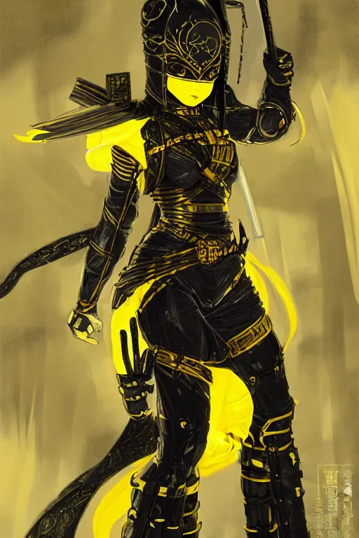 Image similar to portrait Ninja gaiden girl armored black and yellow ninja wardrobe, at ruin japanese temple rainny night, ssci-fi and fantasy, intricate and very very beautiful and elegant, highly detailed, digital painting, artstation, concept art, smooth and sharp focus, illustration, art by tian zi and WLOP and alphonse mucha