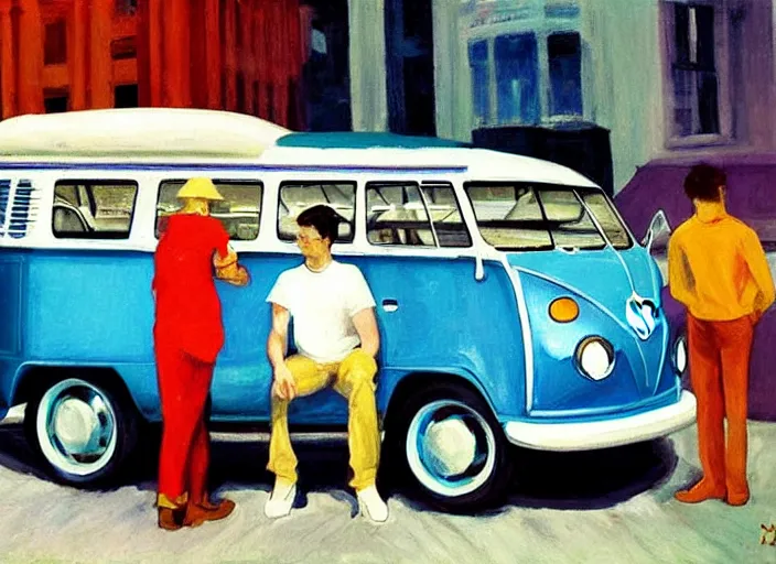 Image similar to painting, two young men and women in front of blue vw bus, by edward hopper, bernardo bertolucci dreamers movie scene