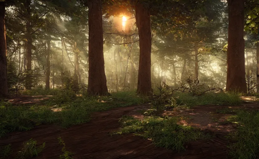 Prompt: steampunk photorealistic forest. daylight stars. light fixtures. unreal engine. 8K. detailed. photorealism. artstation. digital render. ultra realistic