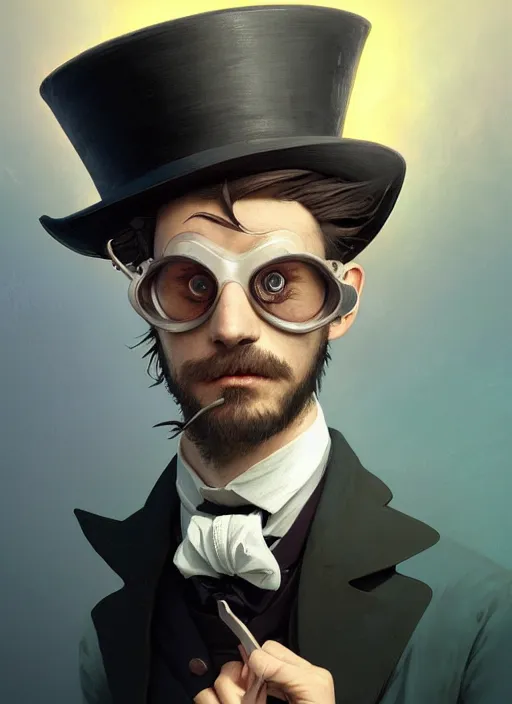 Image similar to highly detailed portrait of jack the ripper wearing goggles and a top hat, stephen bliss, unreal engine, greg rutkowski, loish, rhads, beeple, makoto shinkai and lois van baarle, ilya kuvshinov, rossdraws, tom bagshaw, tom whalen, alphonse mucha, global illumination, god rays, detailed and intricate environment