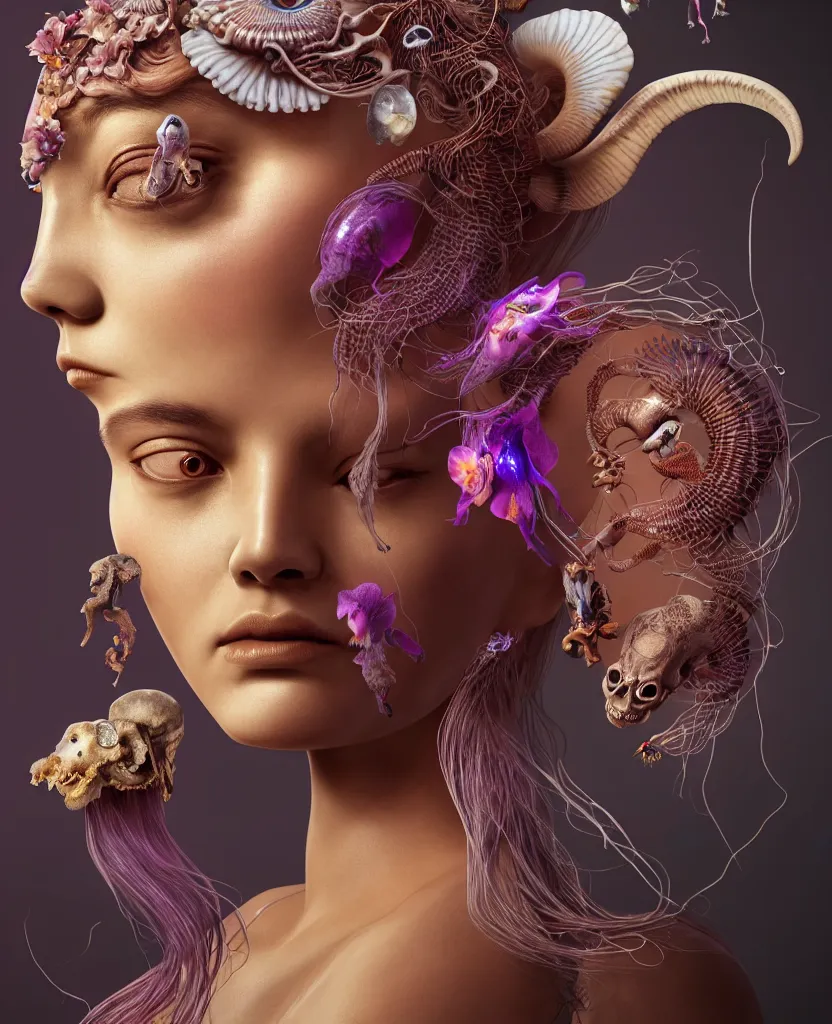 Image similar to goddess close-up portrait of princess face and ram skull. eyes. jellyfish phoenix head, nautilus, orchid, skull, betta fish, bioluminiscent creatures, intricate artwork by Tooth Wu and wlop and beeple. octane render, trending on artstation, greg rutkowski very coherent symmetrical artwork. cinematic, hyper realism, high detail, octane render, 8k