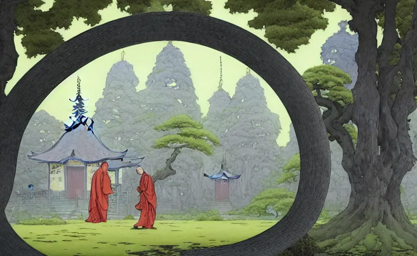 Image similar to a hyperrealist watercolour concept art of a dimensional time portal in the shape of an arch of trees. a medieval monk in grey robes is in the foreground. a japanese temple is in the background. very muted colors, post grunge, by rebecca guay, michael kaluta, charles vess and jean moebius giraud. high detail, hq, wide shot, 4 k