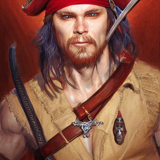 Image similar to Pirate captain wielding a sandstone rapier and sandstone dagger. Wearing a hat with an impressive feather and with a brutal scar across his neck, fantasy D&D character, portrait art by Donato Giancola and Bayard Wu, digital art, trending on artstation, 4k