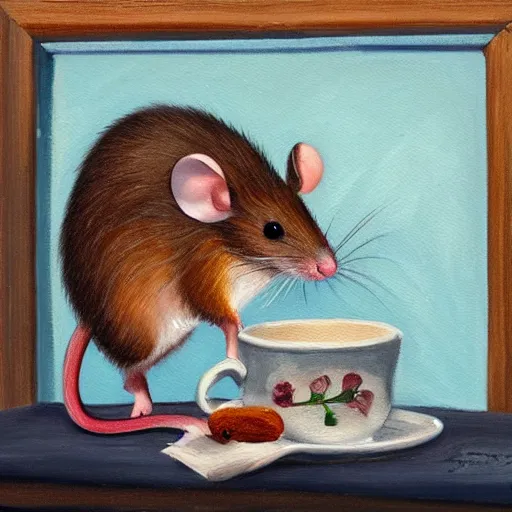 Image similar to A mouse cozied up for the evening sipping tea, oil painting