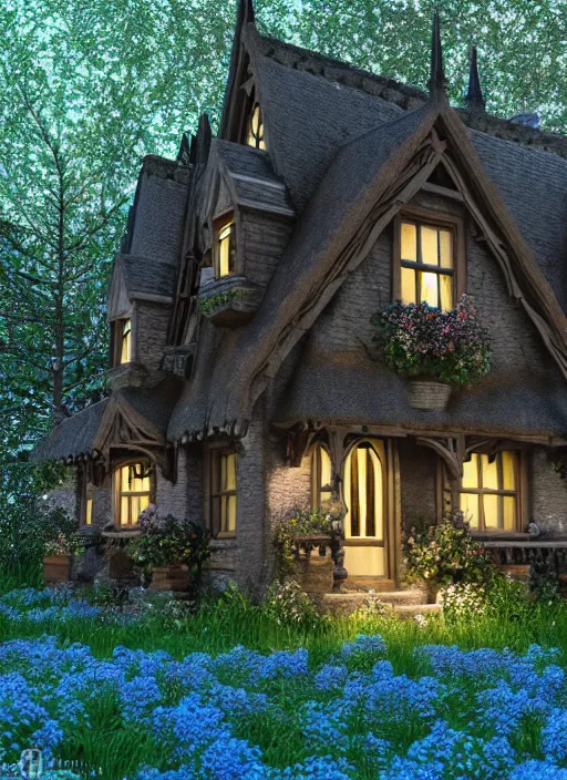 Image similar to hyper realistic homely ornate witch cottage architectural, in the woods gorgeous lighting, blue sky, highly detailed, lush forest architectural render, octane render, ue 5 raytraced