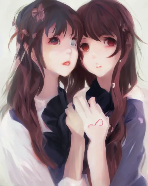 Image similar to portrait of two girls kissing, anime, drawn by WLOP, trending on Artstation