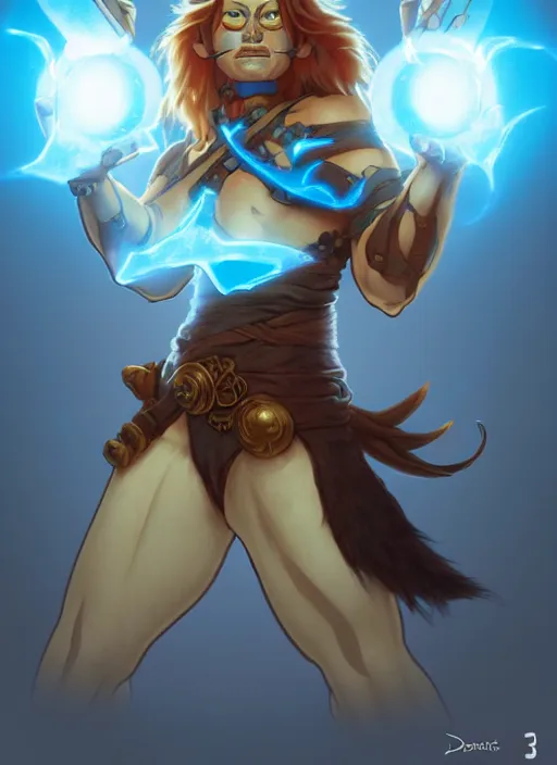 Image similar to lunatic fantasy barbarian with a canine face holding a glowing blue orb natural lighting, path traced, highly detailed, high quality, digital painting, by don bluth and ross tran and studio ghibli and alphonse mucha, artgerm