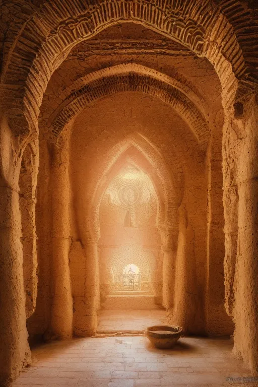 Prompt: Detailed Interior of Monastery Ruins, desert sandy arabic architecture, light of god, light shafts, candles, stunning atmosphere, in Style of Peter Mohrbacher, cinematic lighting