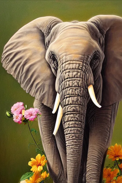 Prompt: elephant holding flowers in its trunk, oil on canvas, intricate, portrait, 8 k highly professionally detailed, hdr, cgsociety