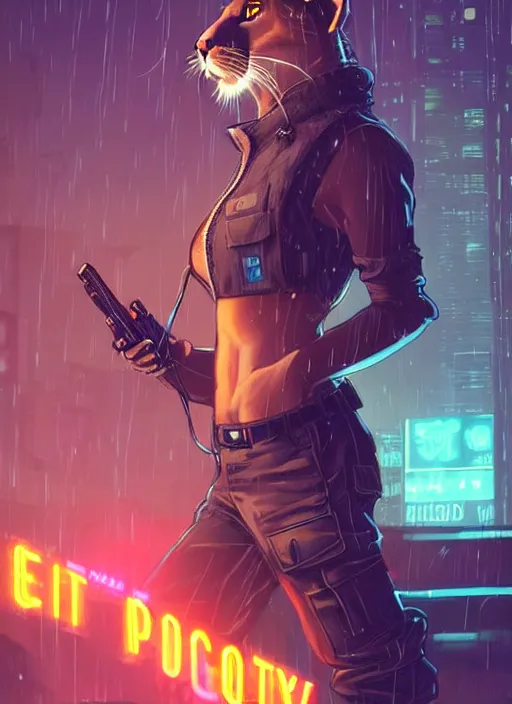 Image similar to beautiful portrait commission of a female furry anthro mountain lion wearing a bullet proof vest and cargo pants. Cyberpunk city at night in the rain. Neon light. Atmospheric. Character design by charlie bowater, ross tran, artgerm, and makoto shinkai, detailed, inked, western comic book art