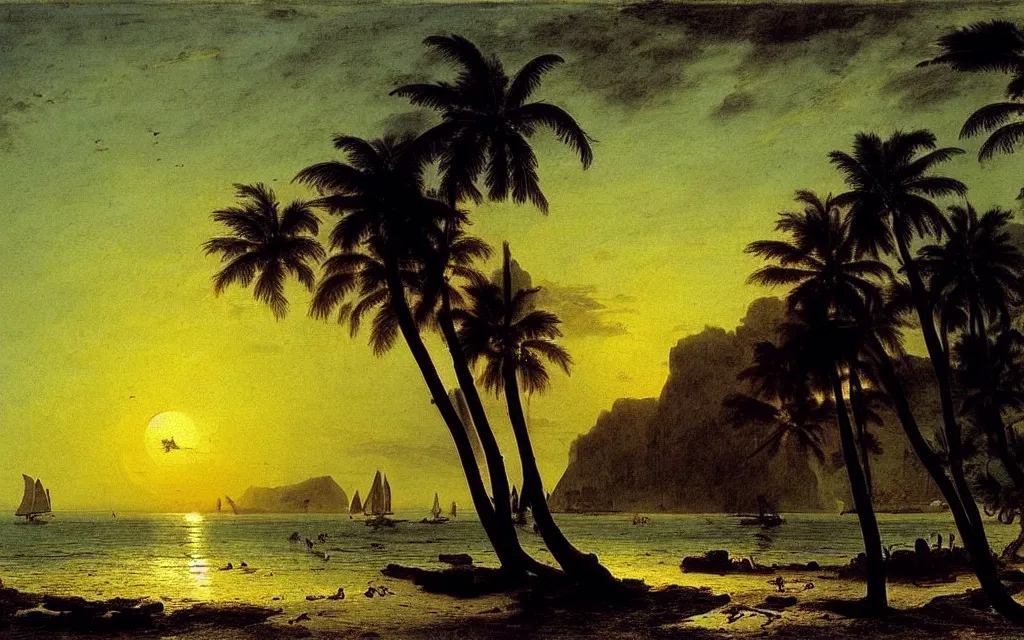 Image similar to a beautiful view of a tropical beach, clear seas, the sun is setting in the background, magical, stunning, art by caspar david friedrich and asher brown durand and peder balke, intricate details, trending on artstationhq and wikiart