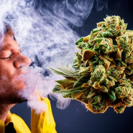 Image similar to barney exhaling a large cloud of smoke, beautiful award winning professional surreal marijuana photography