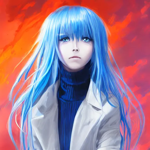 Image similar to full face shot of rimuru tempest, sky blue straight hair, long bangs, with bright amber eyes, wearing a fancy black jacket, high collar, ultra detailed, brush strokes, digital painting, cinematic, wlop artstation, closeup, pixiv, intense, intimidating glare, overpowering, yoshitaka amano, junji ito,