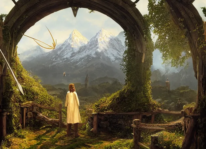 Image similar to medieval adventuers in the shire scenery landscape, lord of the rings, portal, highly detailed, perfect lighting, perfect composition, 4 k, maxfield parrish, artgerm, derek zabrocki, greg rutkowski