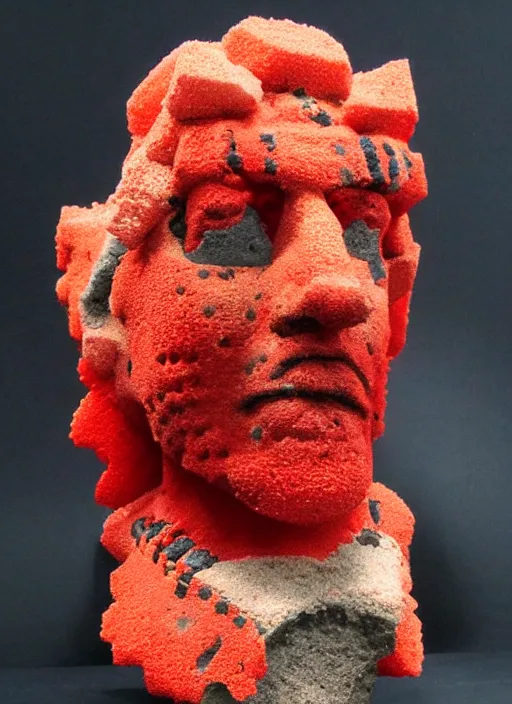 Prompt: sponge sculpture of an ancient warrior red and black theme