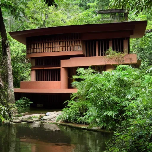 Prompt: a house designed by frank lloyd wright in the middle of the jungle,