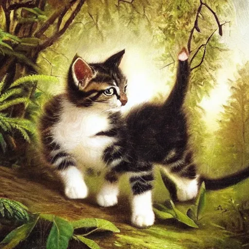 Prompt: kitten exploring wild forest, German Romanticism detailed oil painting