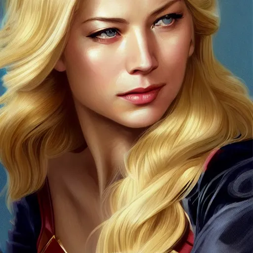 Image similar to A combination of Katheryn Winnick's and Grace Kelly's and Kristin Kreuk's faces with blonde hair as Captain Marvel, western, D&D, fantasy, intricate, elegant, highly detailed, digital painting, artstation, concept art, matte, sharp focus, illustration, art by Artgerm and Greg Rutkowski and Alphonse Mucha