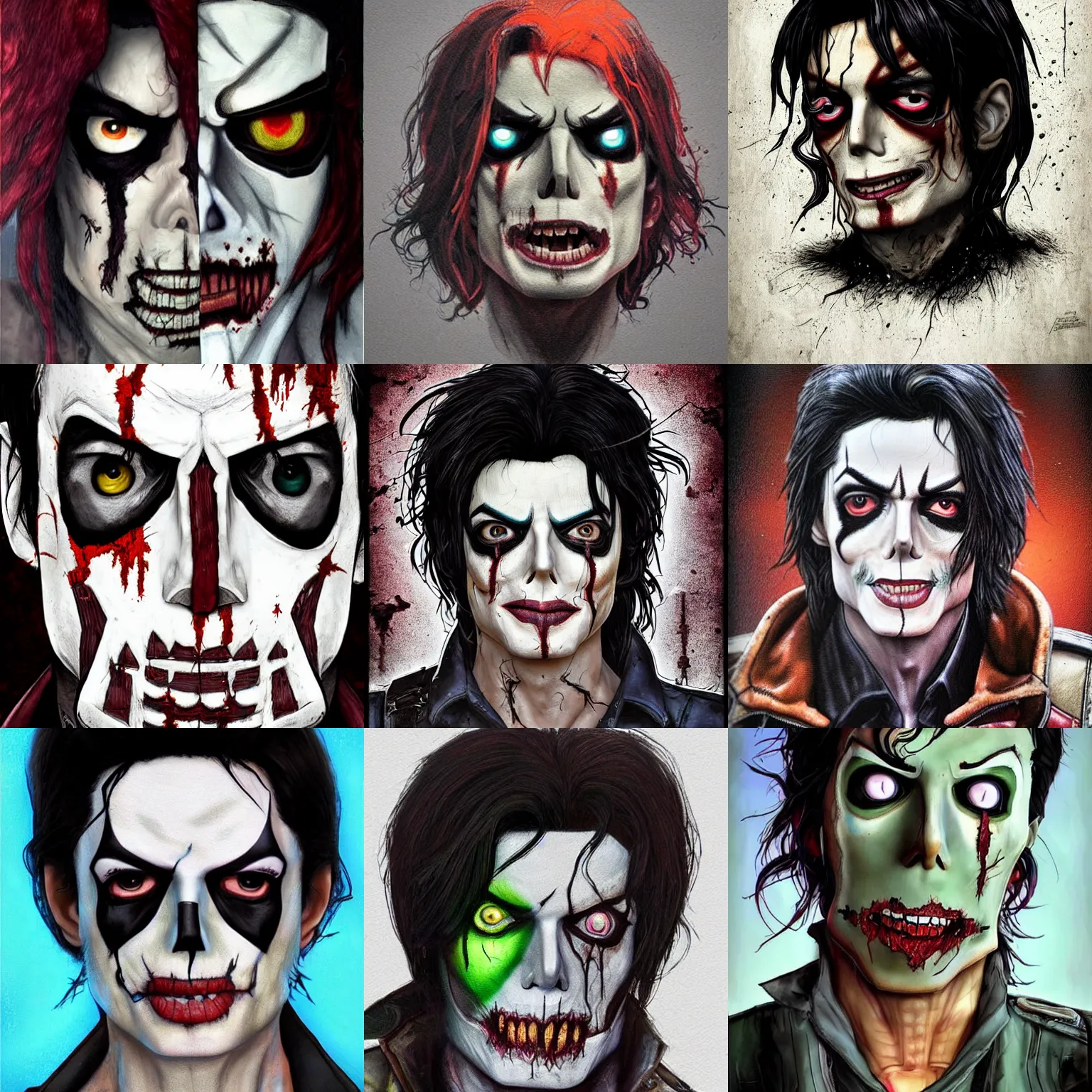 Prompt: borderlands 3!!! michael jackson! cell shaded! scary head portrait of half zombie michael jackson! with dark eye sockets crow movie make up, zombie in horror concept art, llustration, postapocalyptic grunge, shocking, concept art by laurie greasley, highly detailed, zombie, sharp focus, hq, 4 k, art by artgerm