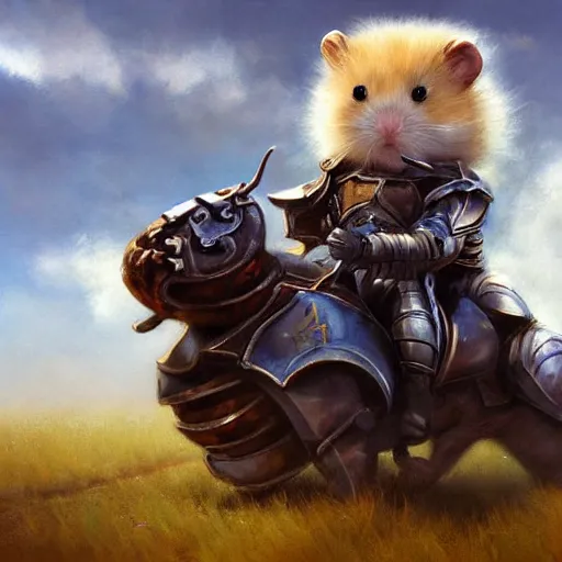 Prompt: Cloud Champion Hamster knight roaming the windswept field dave dorman edson campos christopher young jeff simpson allison carl hiro izawa paul chadeisson pastel painting