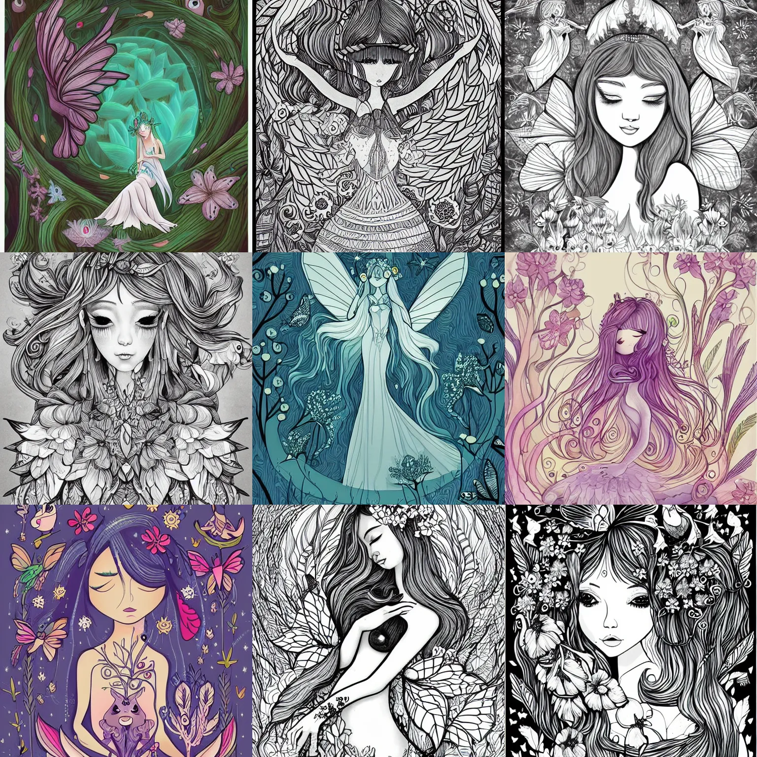 Prompt: magical line art illustrations of ethereal fantasy creatures, beautiful fairies, mermaids and female portraits with flowers, whimsical big - eyed characters accompanied by animals and birds