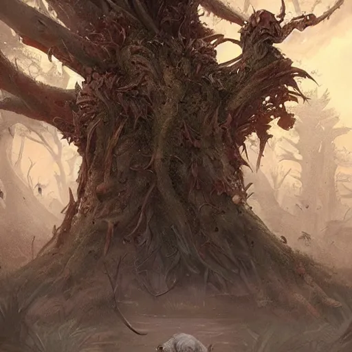 Image similar to a rat creature, in the shape of a ent, corpses and many rats around, by greg rutkowski, trending on art station, highly detailed, magic the gathering, matte painting