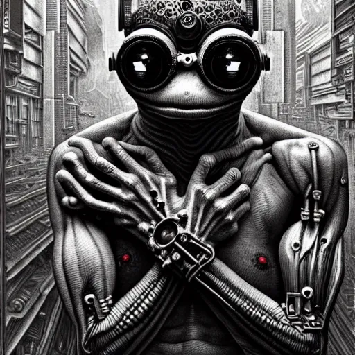 Prompt: ultra realist intricate detailed horror portrait of pepe frog, cyborg tech on body and legs, accurate features, cyberpunk, industrial, apocalyptic, very intricate details, focus, high resolution, 8 k resolution, dramatic lighting, artstyle alex ries and zdzisław beksinski, award winning