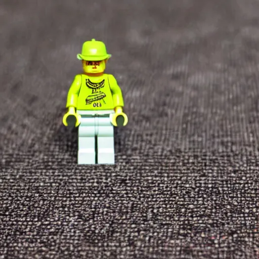 Prompt: macro photography of a minifigure of walter white walking on the carpet, 3 5 mm
