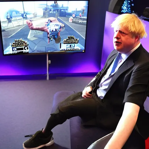 Image similar to Boris Johnson nervously playing video games at a E sports event on a team