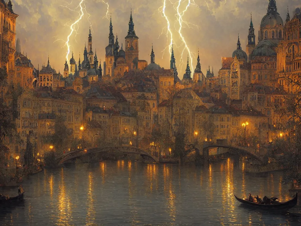 Image similar to a view from the river a city resembling prague, paris, and venice at night with a sky full of lightning, intricate, elegant, highly detailed, digital painting, artstation, concept art, smooth, sharp focus, colored illustration for tattoo, art by thomas kincade, krenz cushart and artem demura and alphonse mucha,