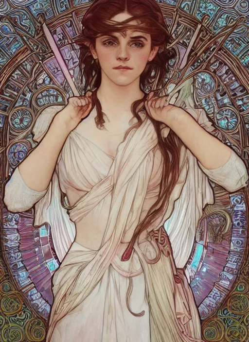 Image similar to Emma Watson as God of Beautifully, full body shot, cute, fantasy, intricate, elegant, highly detailed, digital painting, 4k, HDR, concept art, smooth, sharp focus, illustration, art by alphonse mucha,artgerm, H R Giger