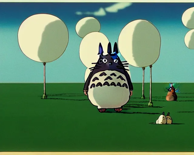 Image similar to a still from totoro, re imagined in the style of yves tanguy. durrealism, dadaism, ghibli