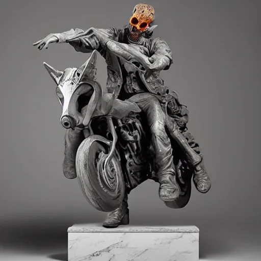 Image similar to ghost rider, marble sculpture