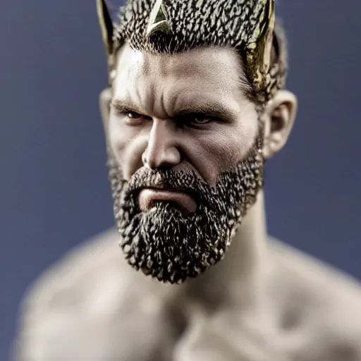 Image similar to of a viking from valhalla, wearing the horned helmet ultra fine detail, hair strands, ultra high resolution, fine texture detail, miniature painting techniques, perfect proportions, marvel cinematic universe, eric bana