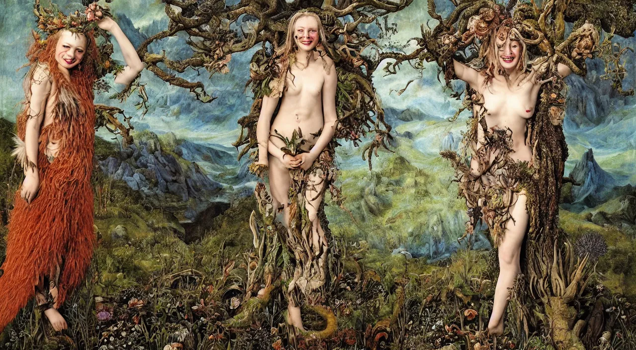 Prompt: a grinning druid dryad with goat pupils transforming herself into a mad beast. her skin is covered in scales and feathers. landscape with mountains, river and night sky. painted by jan van eyck, max ernst and ernst haeckel, trending on artstation, 8 k, award winning, hard lighting, fashion editorial, mythology, photorealistic