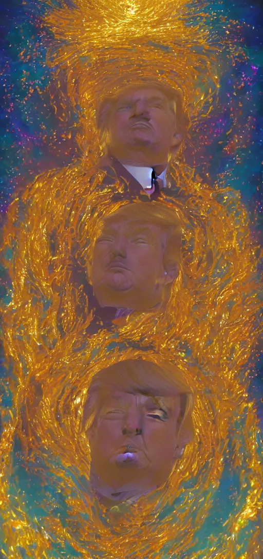 Prompt: portrait of Trump in heaven, Iridescent glow, golden mountains of pearly swirls