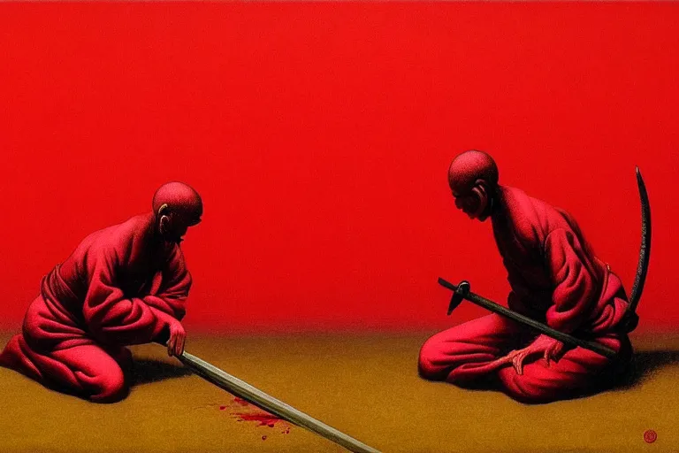 Image similar to only with red, a red samurai do seppuku, tokio, a lot of frogs watch, in the style of beksinski, parts by edward hopper, parts by rodcenko, parts by yue minjun, intricate and epic composition, red by caravaggio, insanely quality, highly detailed, masterpiece, red light, artstation, 4 k