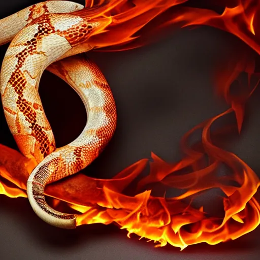 Prompt: a ram horns with a lion's mane on fire snake body 4k