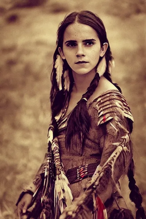 Image similar to “Photo of Native American indian woman Emma Watson, portrait, skilled warrior of the Apache, ancient, realistic, detailed, emma watson”