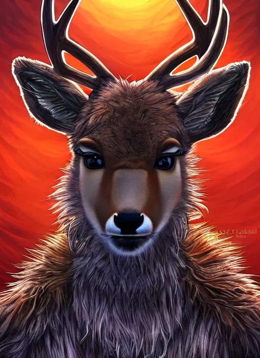 Image similar to aesthetic portrait commission of a of a male fully furry anthro deer with a tail and a beautiful attractive hyperdetailed face wearing wearing a outfit in a sci - fi dystopian city at golden hour while it storms in the background. character design by dayer, diego 5, detailed, inked, western comic book art, award winning film poster painting