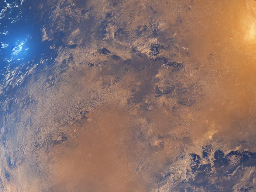 Image similar to a distant satellite photo of a brown dry planet with continents, floating like by nasa, in outer space with full planet in view, dusty unreal engine, hyperrealistic, deep color, Cryengine 8k UHD