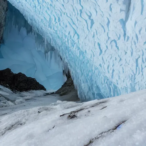 Prompt: dark glacier cave with a glowing spike of ice in the center, surreal,